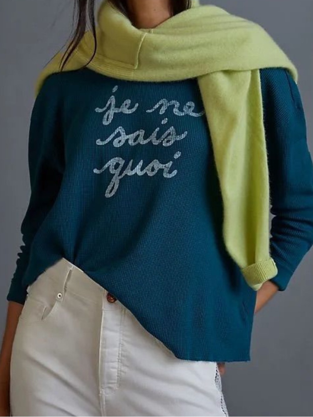 Anthropologie Teal Knit Sweater with Scripted Front